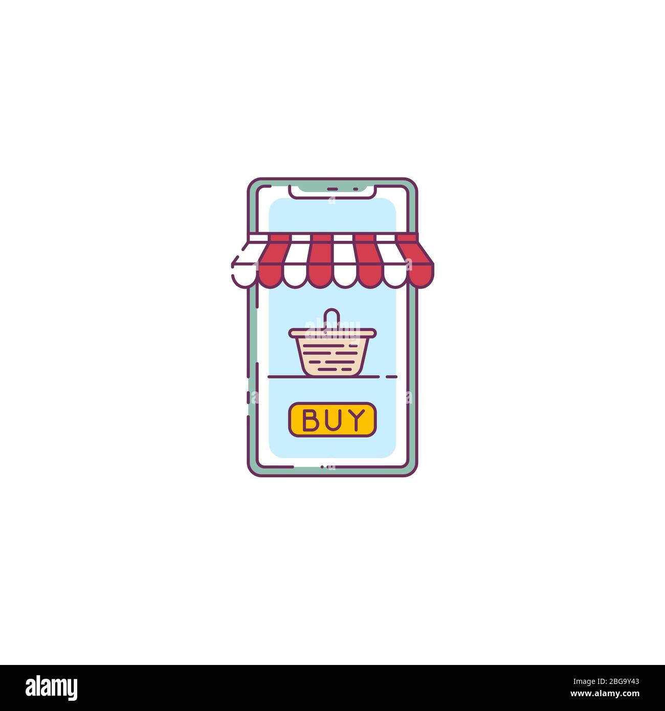 Online store vector. Line style vector. Phone with shop tent and basket with purchases. Shopping on smartphone. Buying things from smartphone online. Stock Vector
