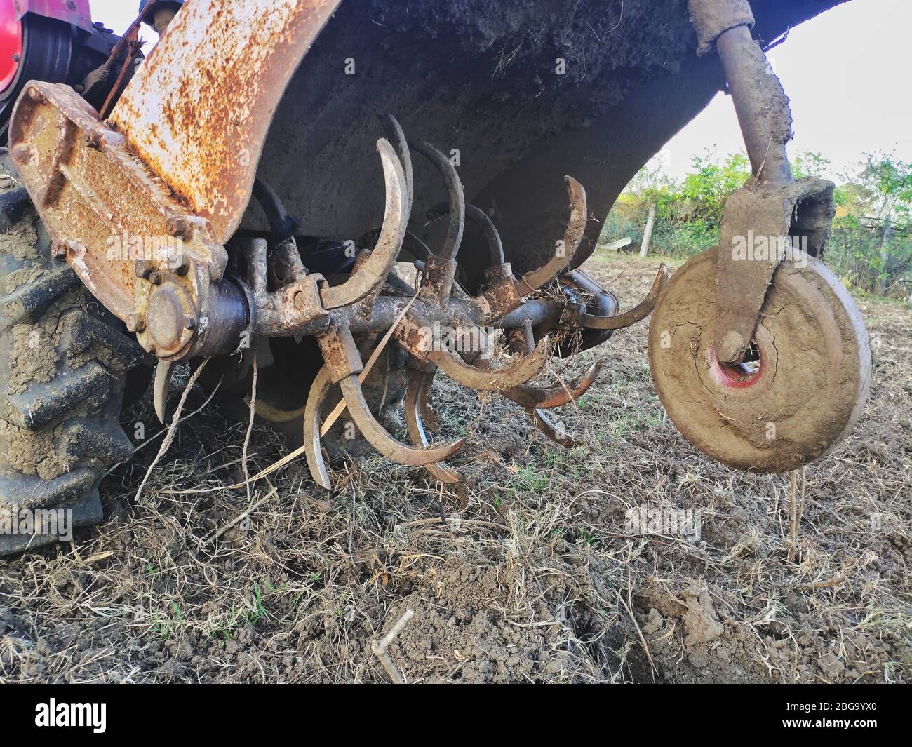 Mini Tractor cutter blades Cultivator on a plowed garden. Close-up shot cutters Stock Photo