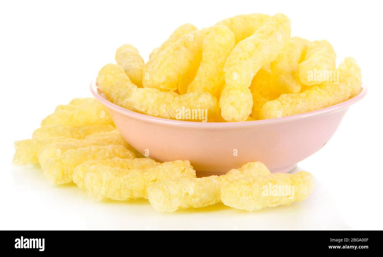 Air corn sticks in plate isolated on white Stock Photo - Alamy