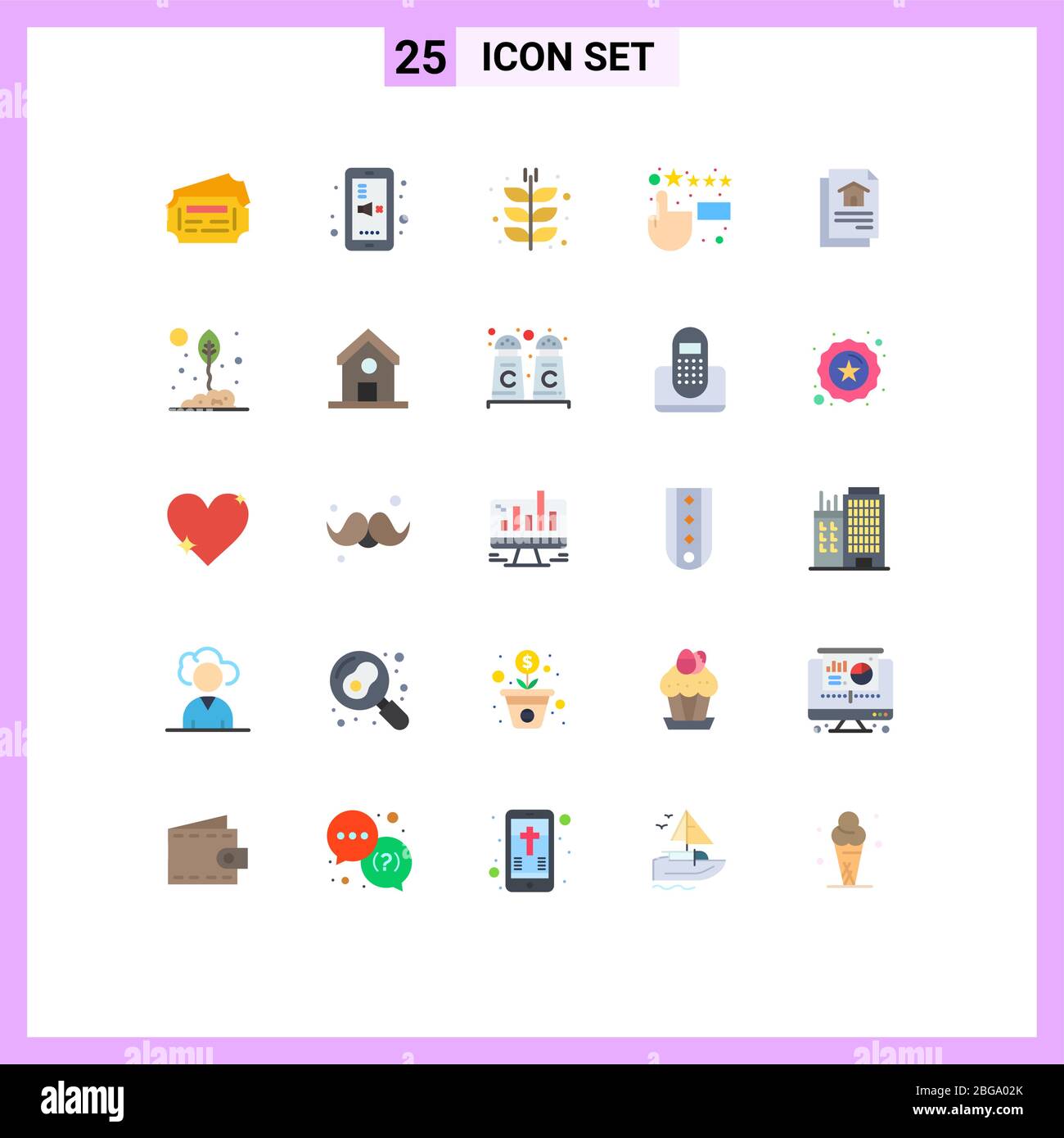 Universal Icon Symbols Group of 25 Modern Flat Colors of house, file, farm, feedback, customer satisfaction Editable Vector Design Elements Stock Vector