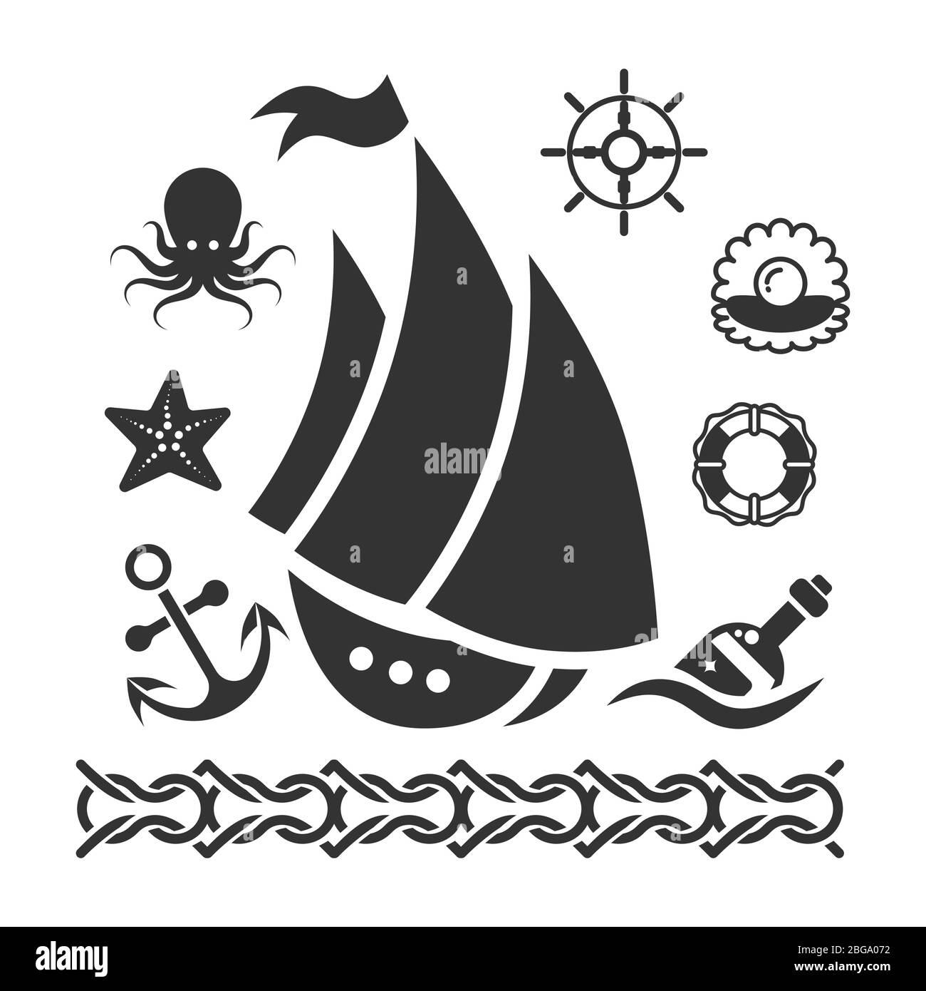 Vintage marine icons set with ship starfish anchor handwheel isolated on white background. Vector illustration Stock Vector