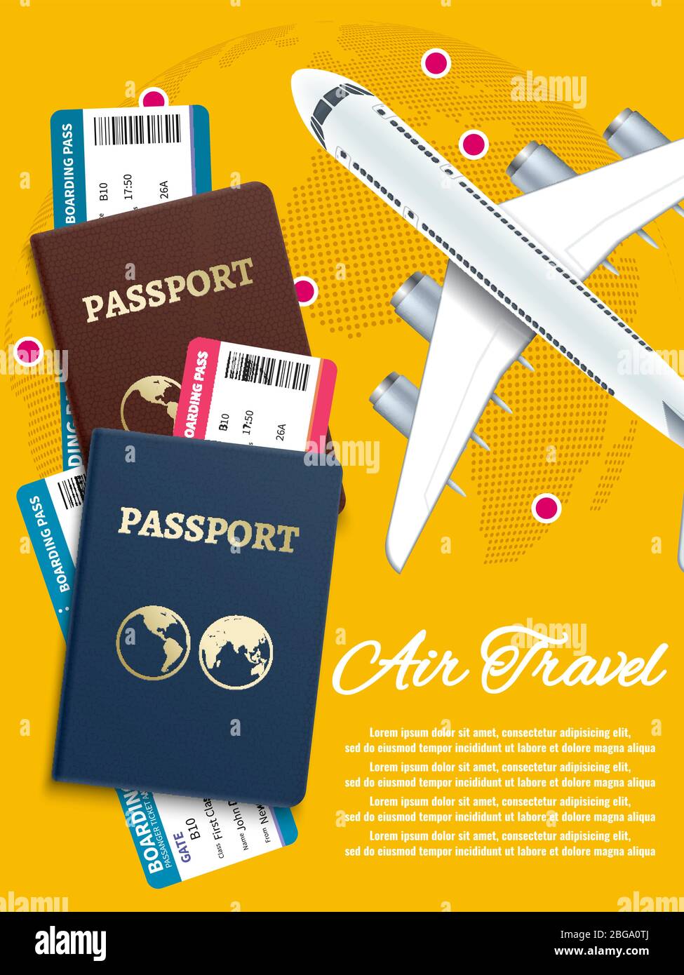 Air travel banner with world globe airline tickets - international vacation concept. Vector illustration Stock Vector