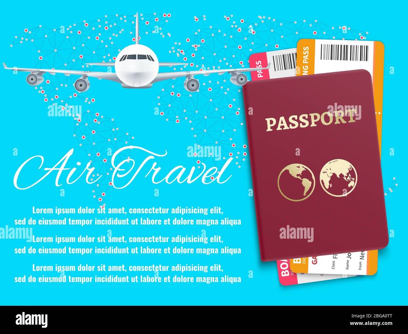 Air travel banner with world map airplane passport - international vacation background. Vector illustration Stock Vector
