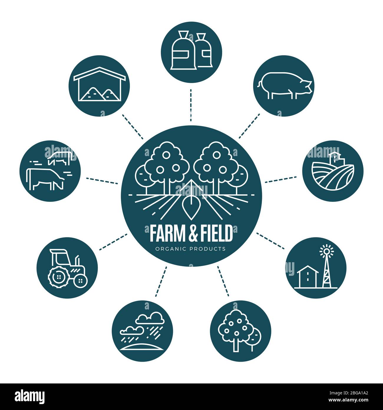 Farm thin line icons and logo concept. Vector illustration set Stock Vector