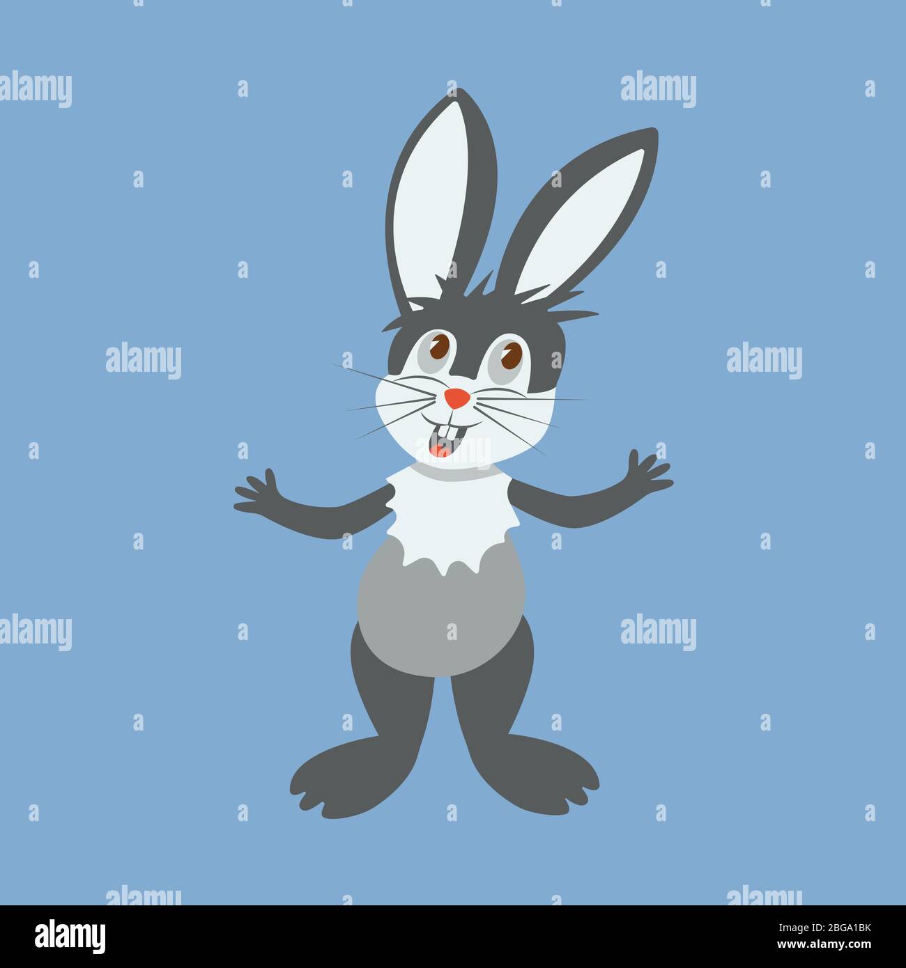 A cute gray hare, rabbit, bunny stands on its hind legs and sings. Happy easter. Nimble wild forest animal. Colorful illustration on a blue background Stock Vector