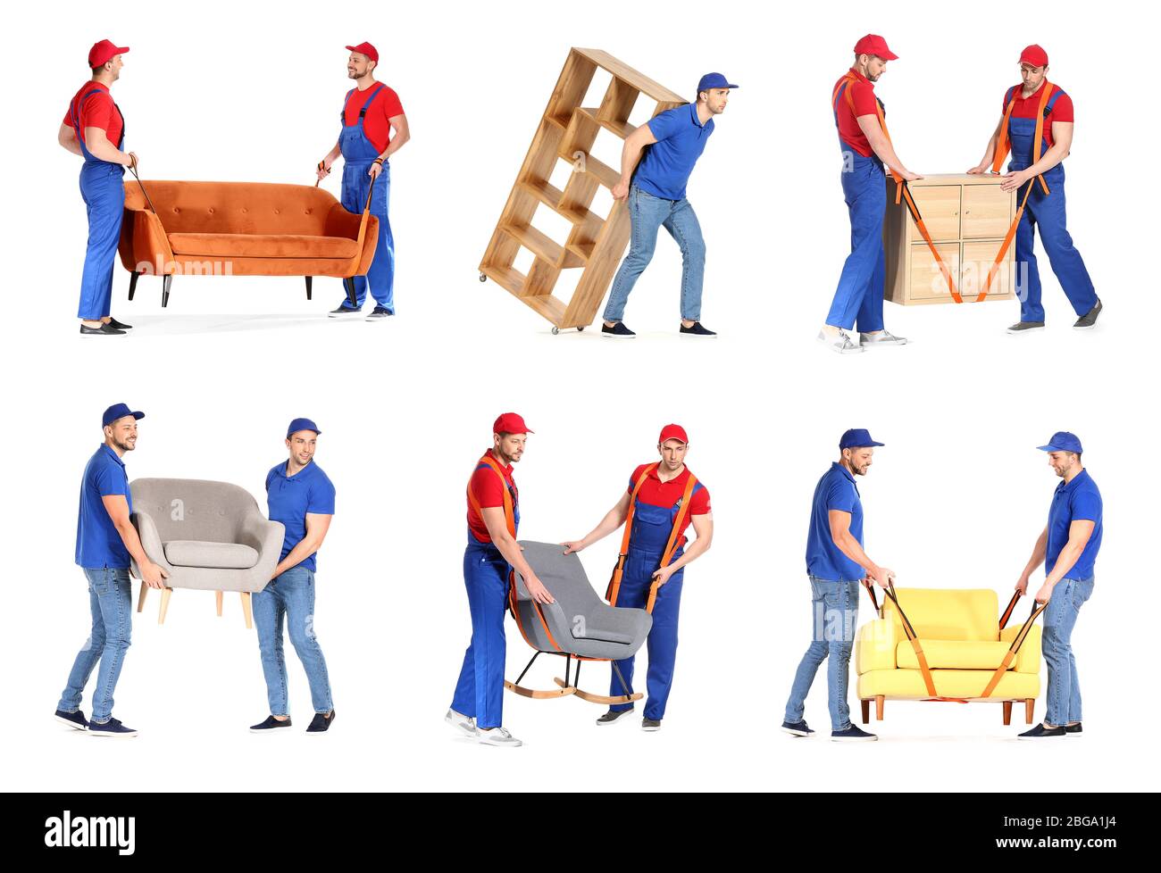Set of loaders carrying furniture against white background Stock Photo