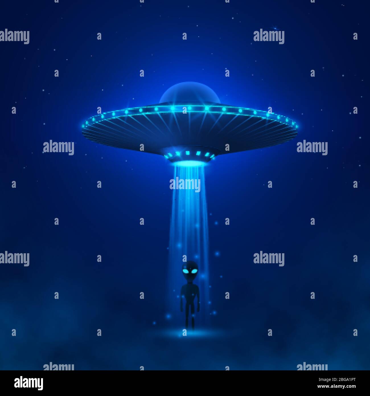 UFO with ray of light fly in night sky. alien landing or invasion. Alien with big green eyes standing in fog. Sci-fi concept. Vector illustration Stock Vector
