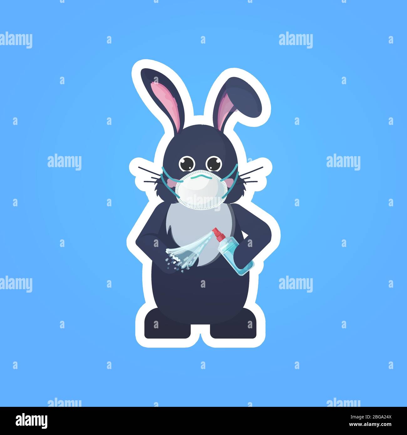 rabbit in mask applying antibacterial spray disinfection to prevent ...