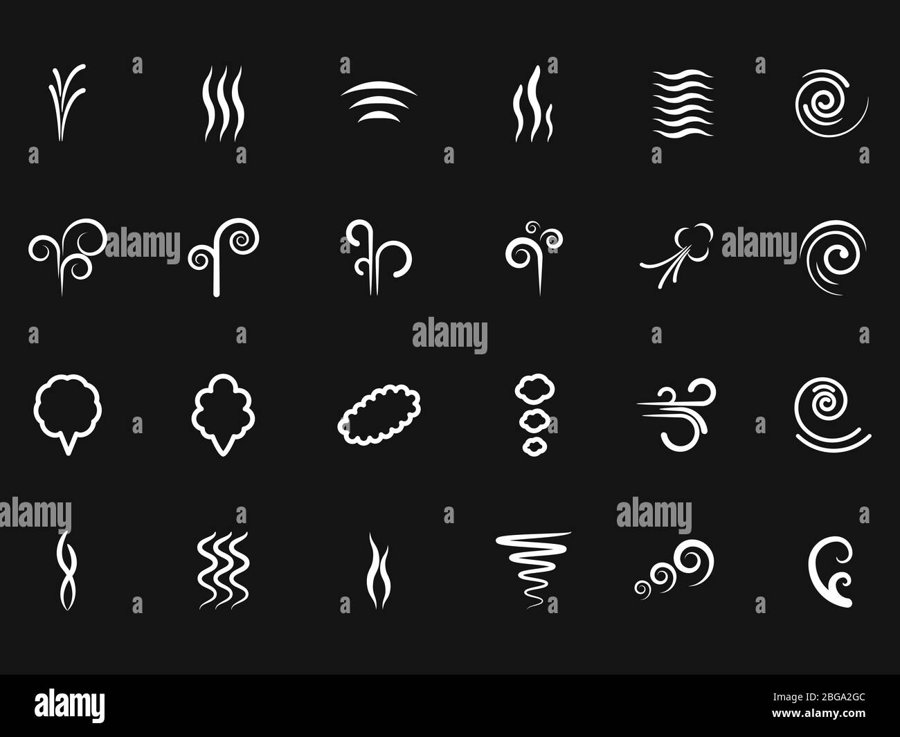 Smoke, wind simple icons on black backdrop. Vector smoke wave line, mist and steam flow illustration Stock Vector