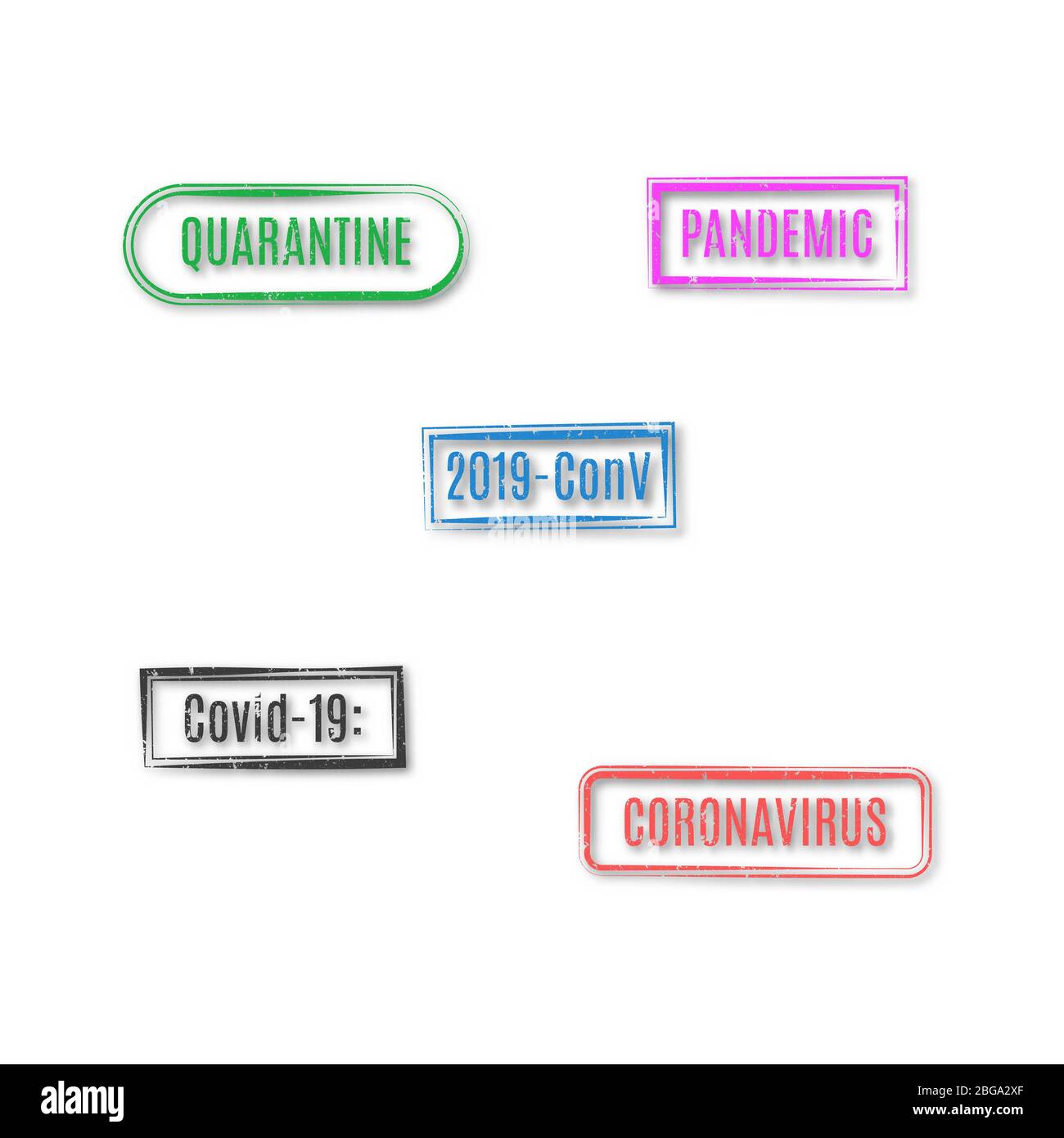 Set of rectangular coronavirus stamps isolated on white background, vector illustration. Stock Vector