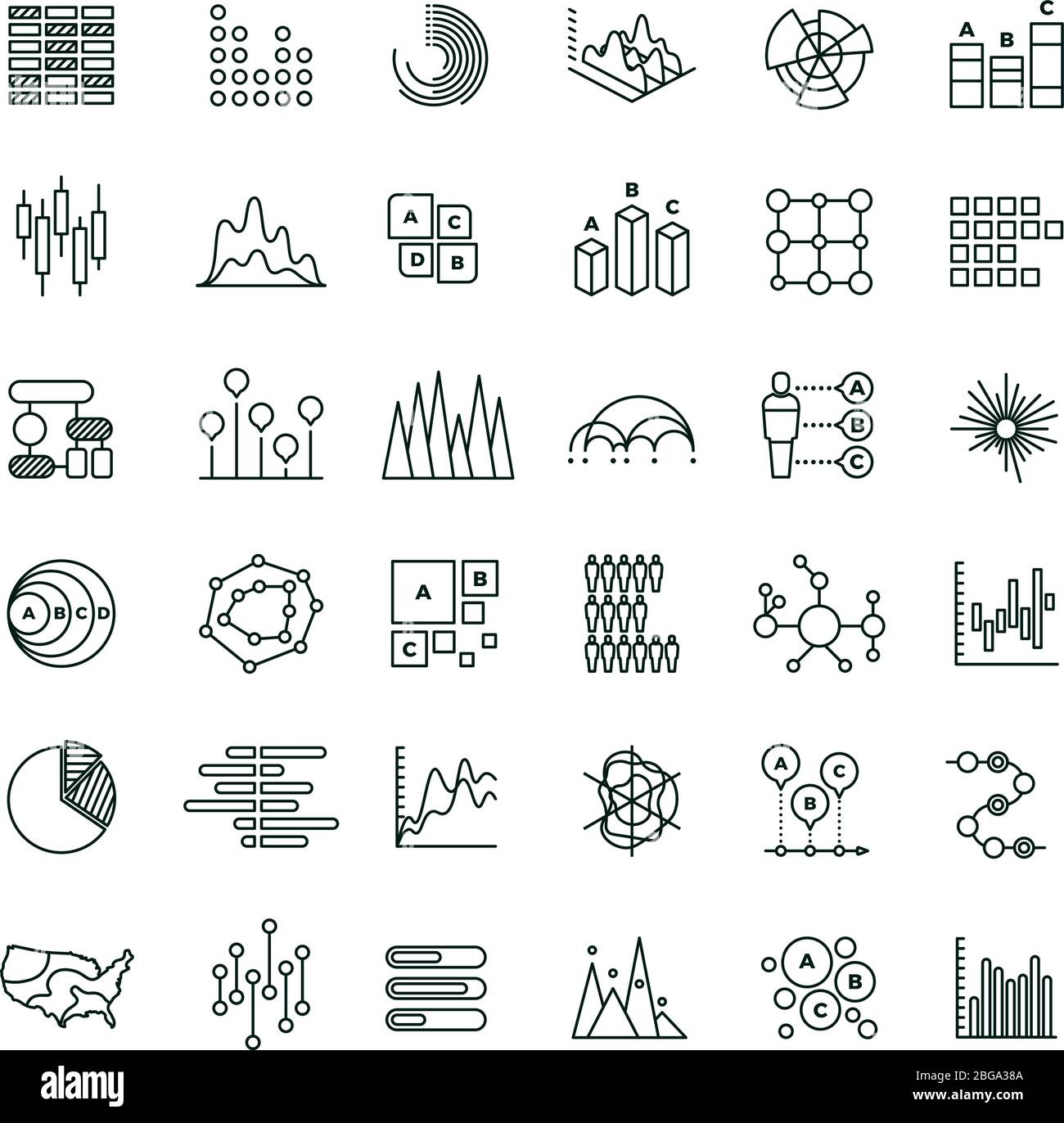 Statistics business graphs and charts outline vector icons. Financial diagrams line pictograms. Diagram and chart, business graph finance illustration Stock Vector
