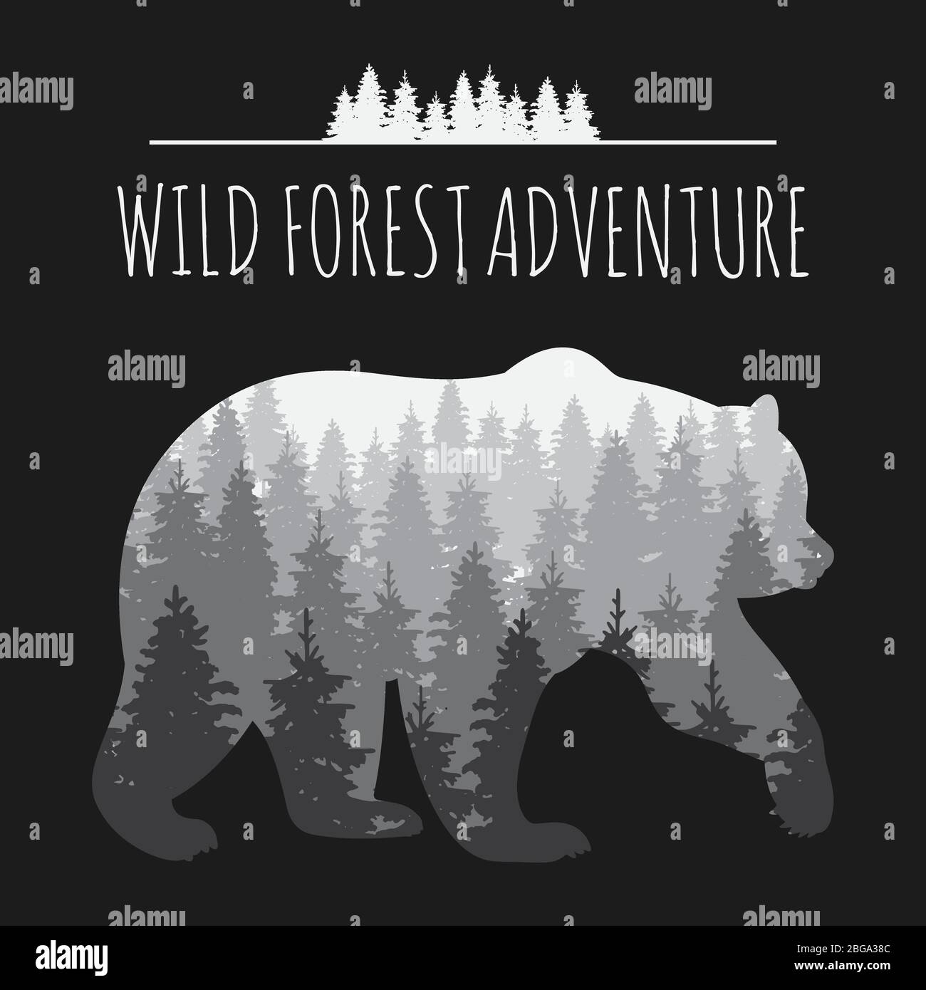 Vintage forest panorama in bear silhouette. Vector banner with wild ...