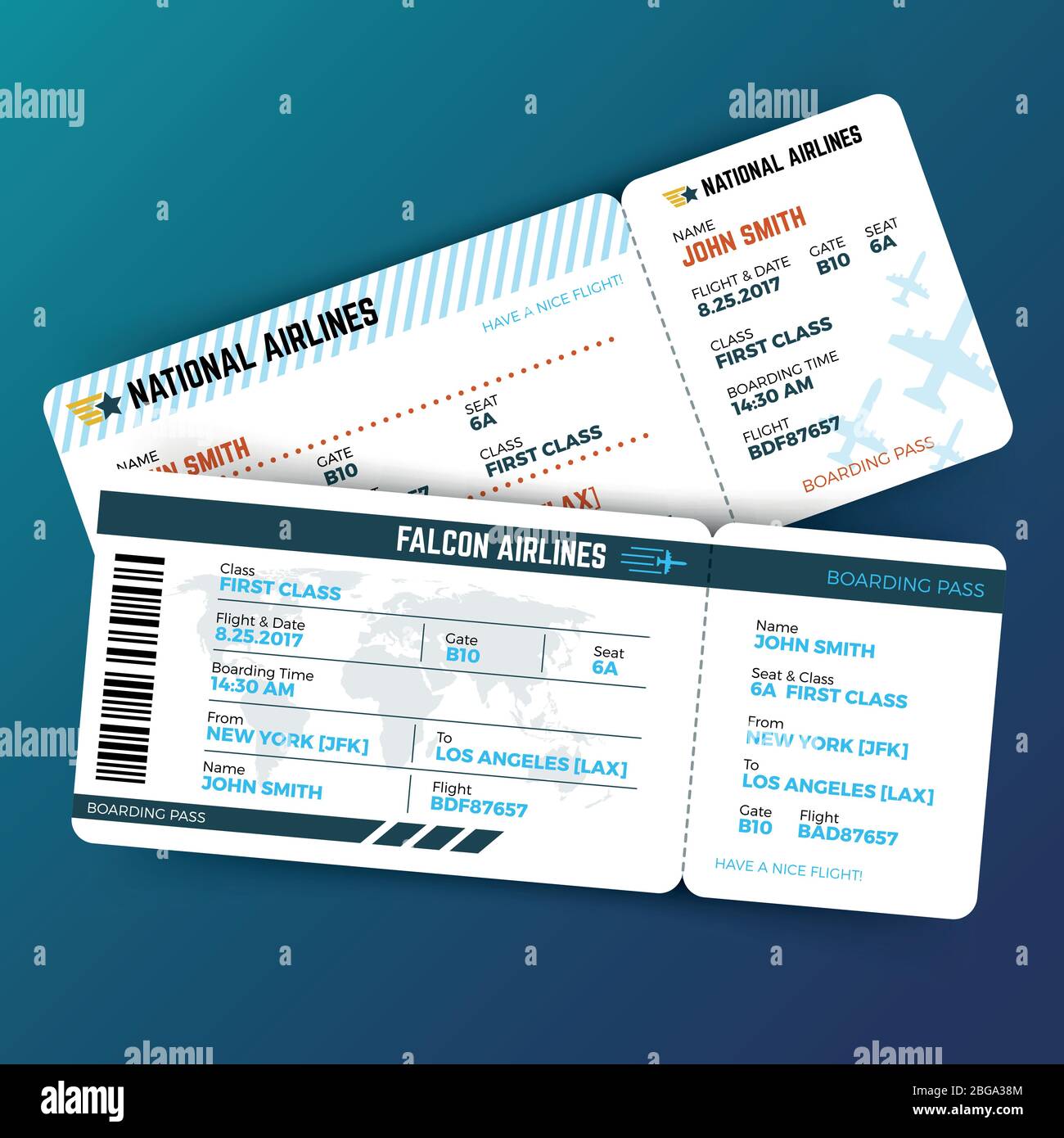 Vector travelling concept with airline boarding pass tickets. Ticket travel to airplane illustration Stock Vector