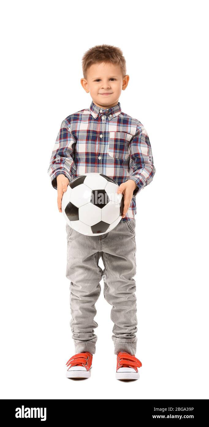 Cute little boy with soccer ball on white background Stock Photo Alamy