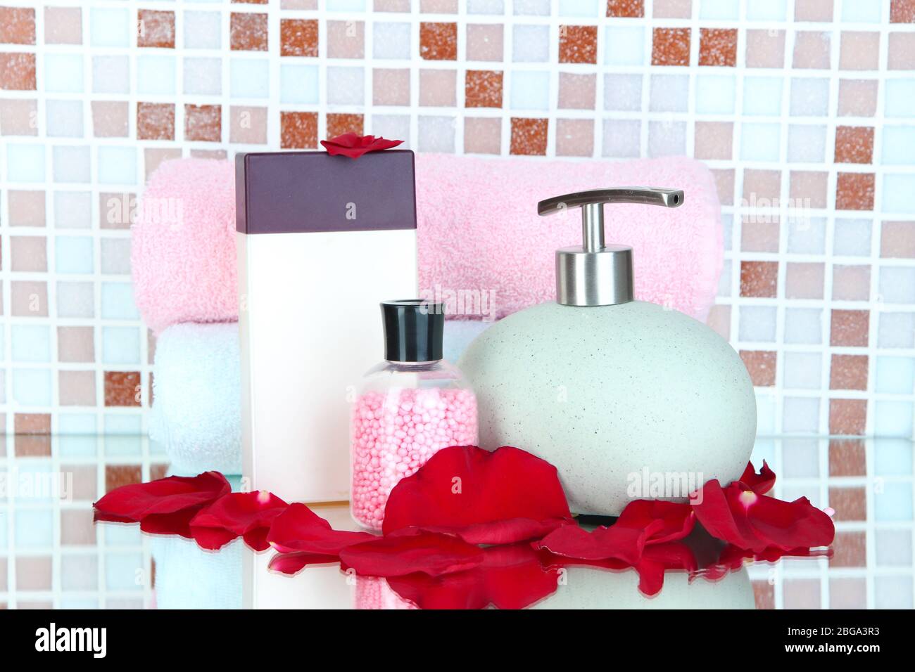 Cosmetics And Bath Accessories On Mosaic Tiles Background Stock Photo Alamy