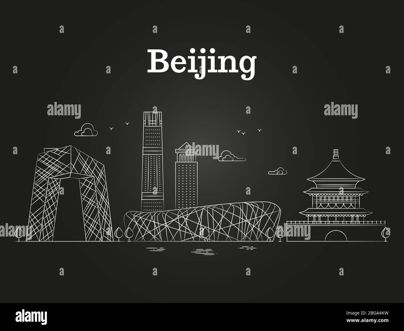 China beijing linear panoramic skyline - asian city landscape on black background. Vector illustration Stock Vector