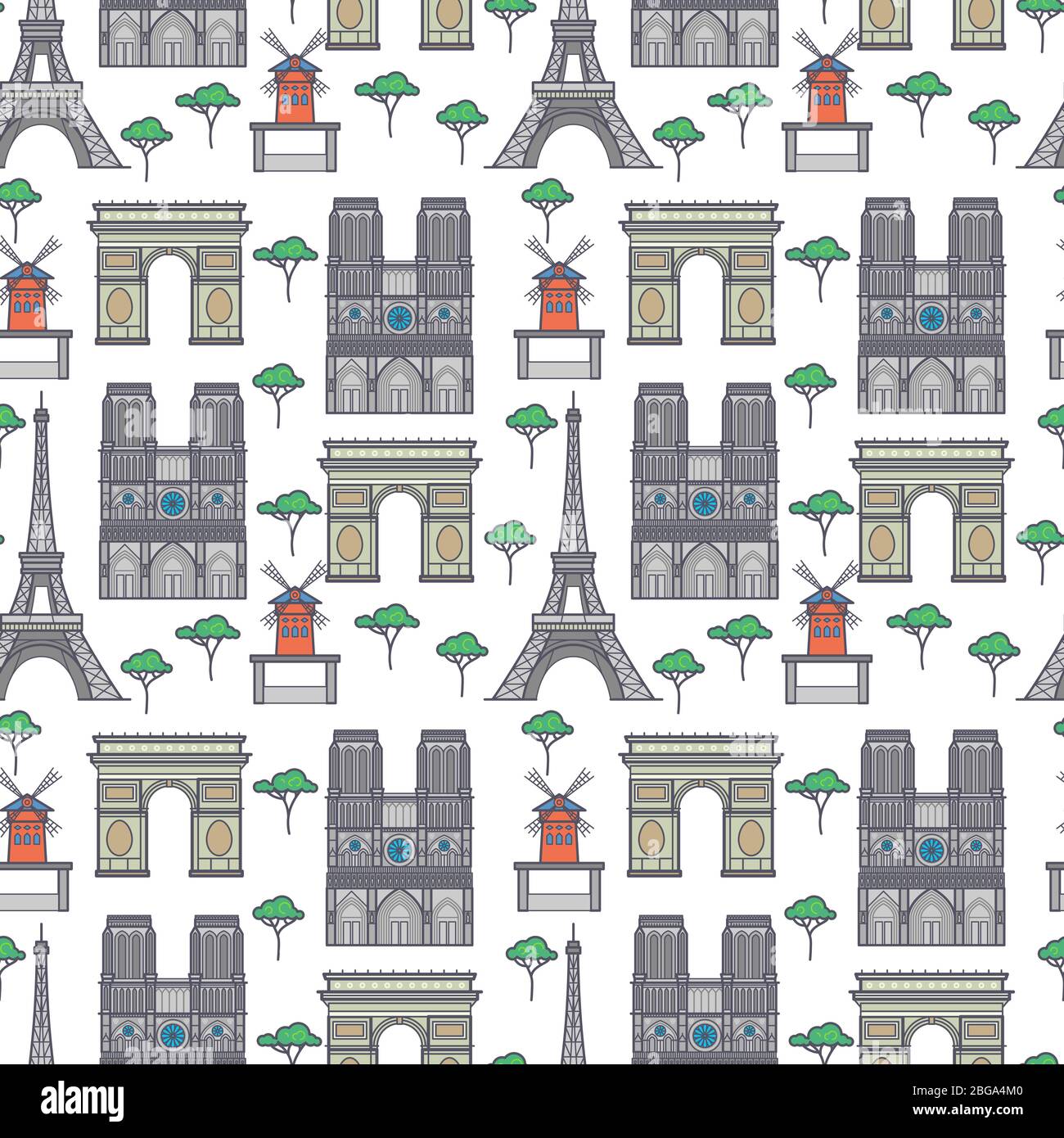 Colorful flat Paris city landmarks seamless pattern background. Vector illustration Stock Vector