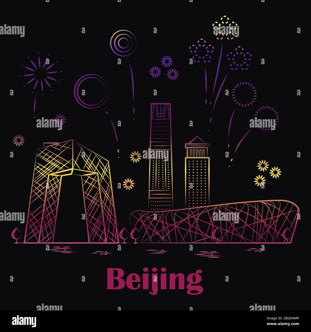Modern Beijing linear landscape - festive China with fireworks. Vector illustration Stock Vector