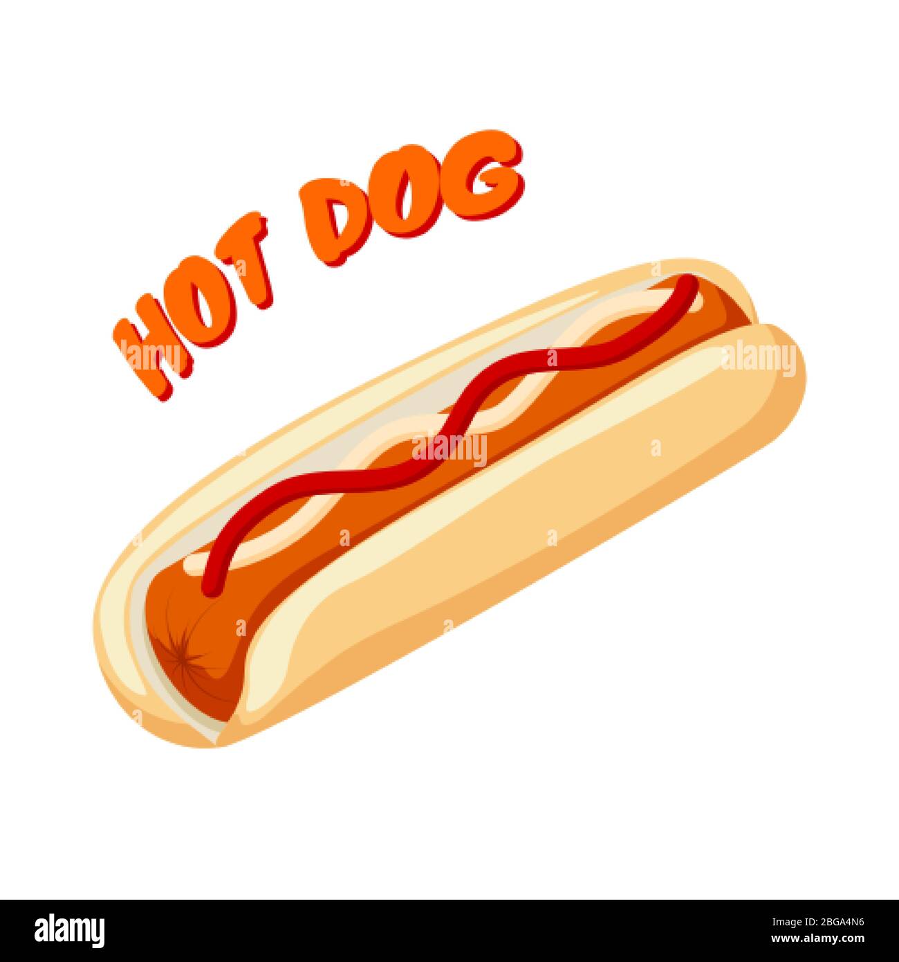 Hot Dog with bread sausage ketchup and mustard. Fast food banner. Vector illustration isolated on white Stock Vector