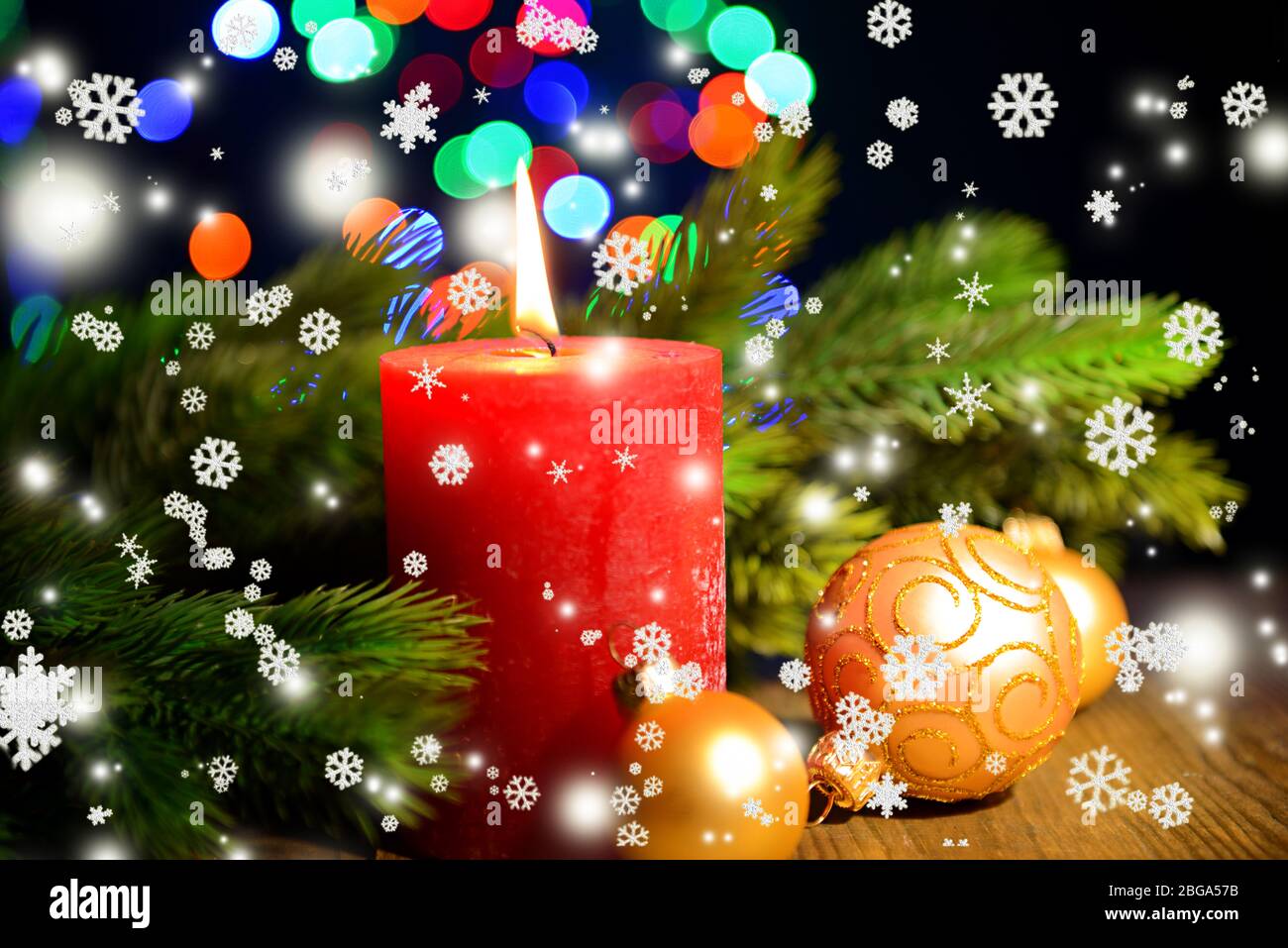 Composition with Burning candle, fir tree and Christmas decorations on ...