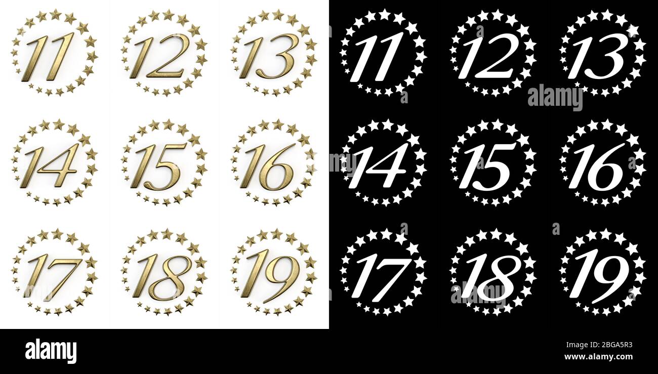 Set of numbers from eleven to nineteen. Anniversary celebration design with a circle of Golden stars on a white background with shadow and alpha chann Stock Photo