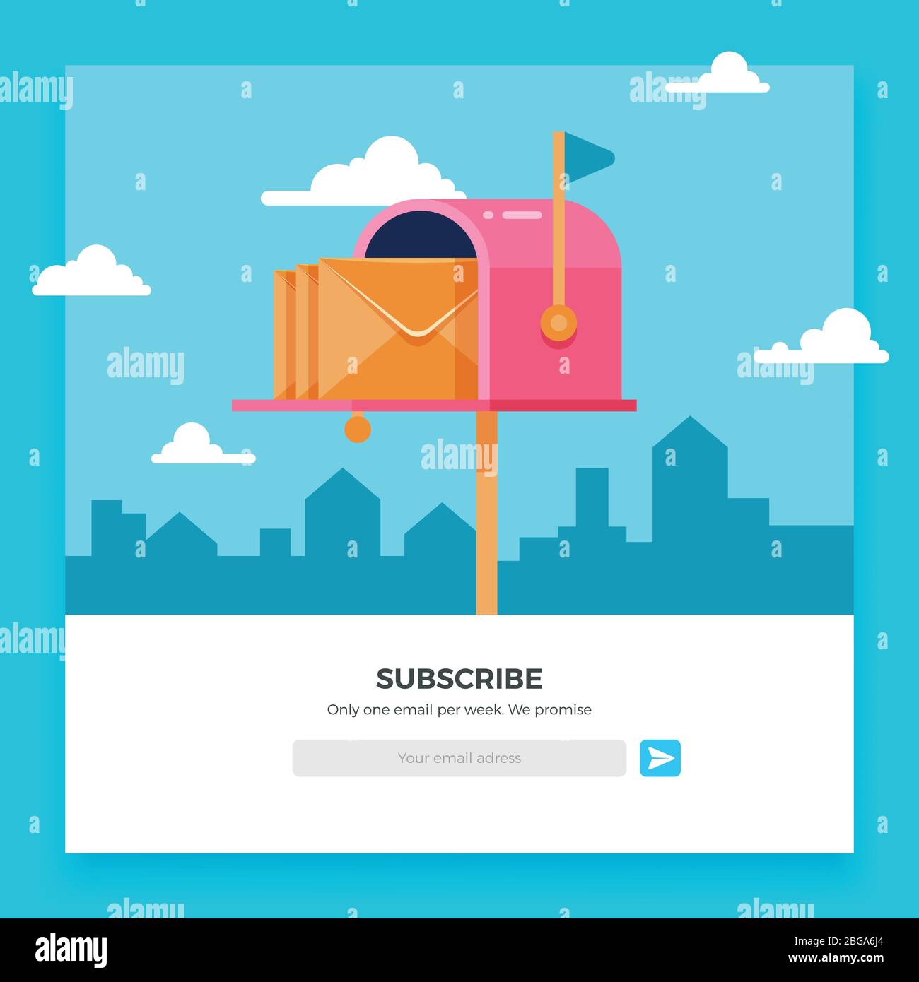 Email subscribe, online newsletter vector template with mailbox and submit button. Envelope and subscribe button, newsletter website illustration Stock Vector