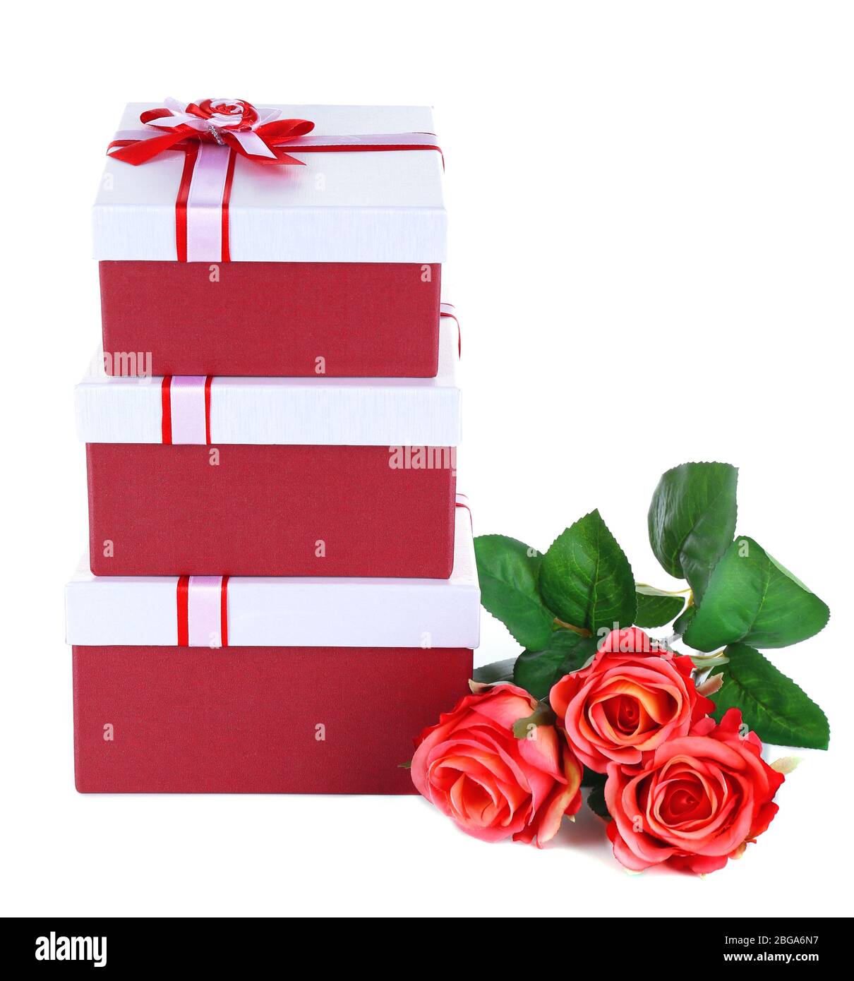 Beautiful gift boxes with flowers isolated on white Stock Photo Alamy