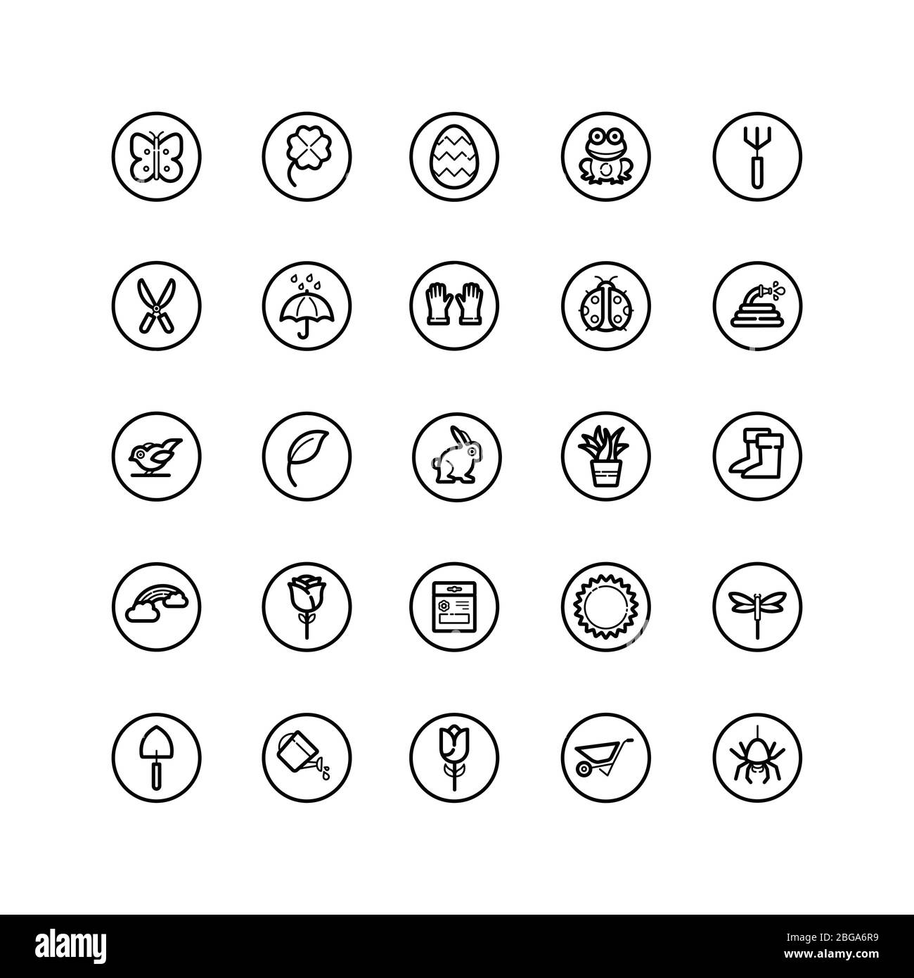 Spring and gardening. Isolated icon set in a circle. Outline vector ...