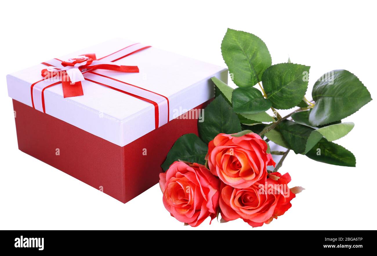 Beautiful gift box with flowers isolated on white Stock Photo Alamy