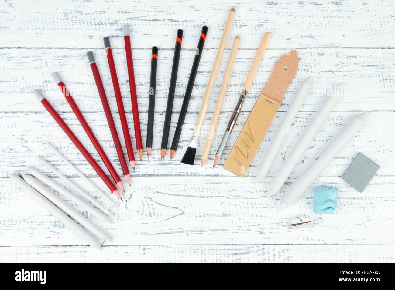 Professional art materials, on wooden table Stock Photo
