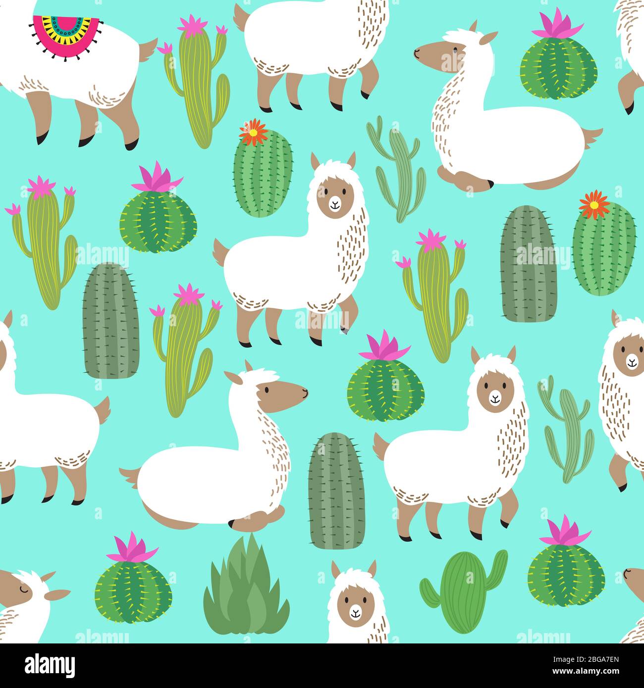 Alpaca seamless vector pattern. Cute llama baby repetitive background. Lama and cacti pattern in cartoon style illustration Stock Vector