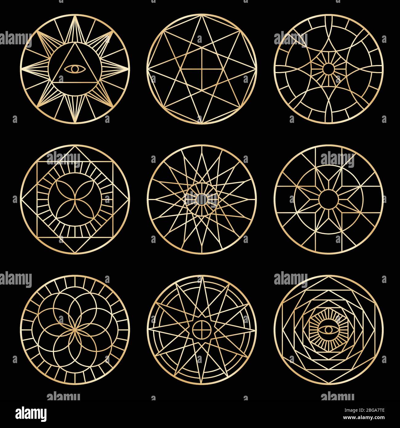 Esoteric geometric pentagrams. Spiritual sacred mystical vector symbols. Esoteric pentagram sacred geometric ine style illustration Stock Vector