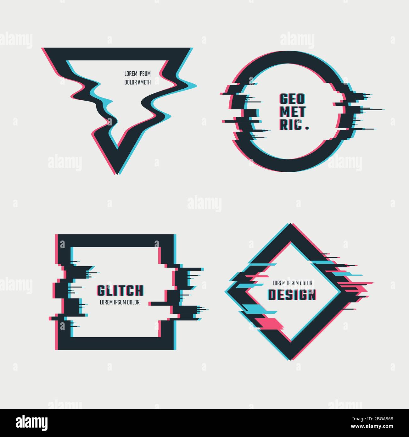 Vector frames with glitch tv distortion effect. Illustration of elements with glitch tv effect screen Stock Vector