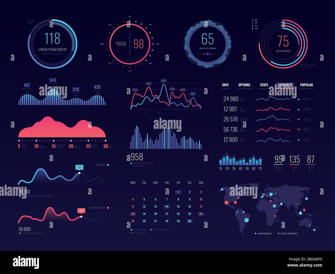 Intelligent technology hud vector interface. Network management data screen with charts and diagrams. Interface screen with colored infographic digital illustration Stock Vector