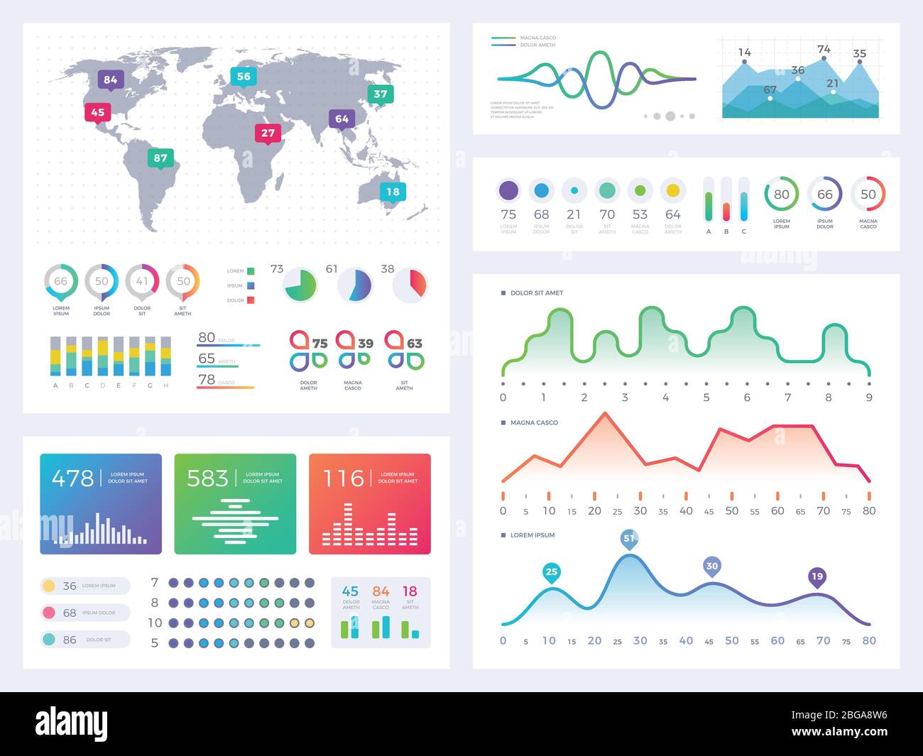 Business infographic elements, flowing graphics, stock market reports and workflow charts vector set. Infographic chart business, report financial market illustration Stock Vector