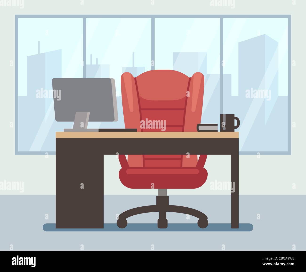 Modern boss room with big window and laptop on desk. Empty contemporary  office interior. Business vector cartoon background. Business room with  computer, workplace office interior illustration Stock Vector Image & Art -