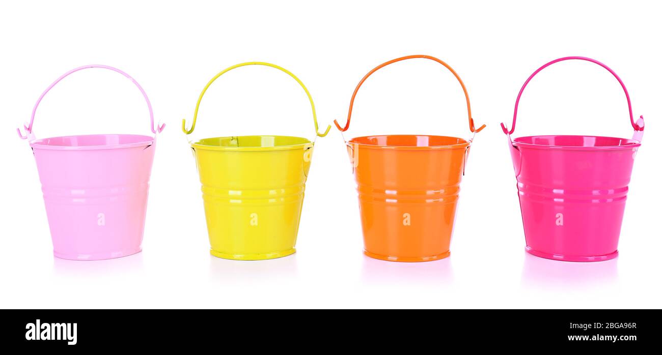 Empty buckets isolated on white Stock Photo Alamy