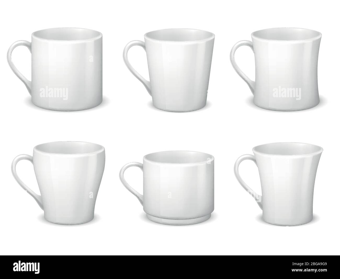 Realistic blank white coffee mugs with handle and porcelain cups vector template isolated. Cup porcelain for tea and coffee breakfast, realistic teacup illustration Stock Vector