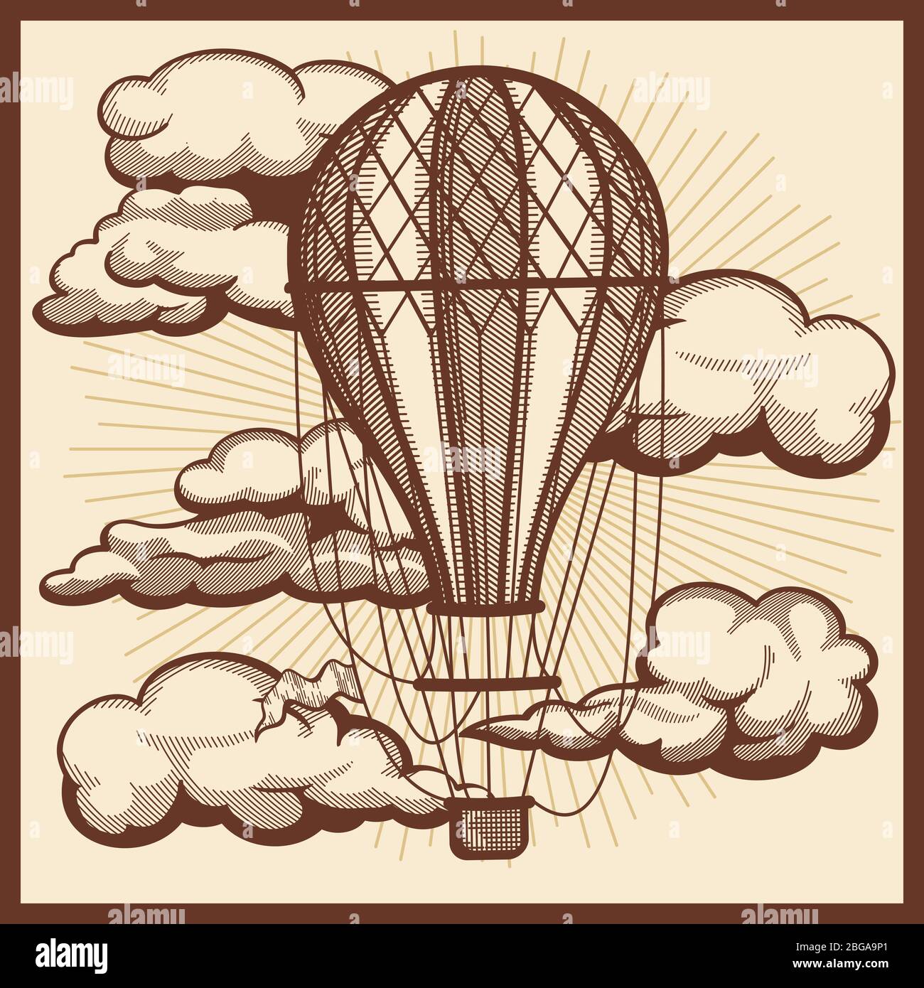 Hand drawn clouds and air balloon vector vintage sketch. Balloon travel in sky, retro air transport illustration Stock Vector