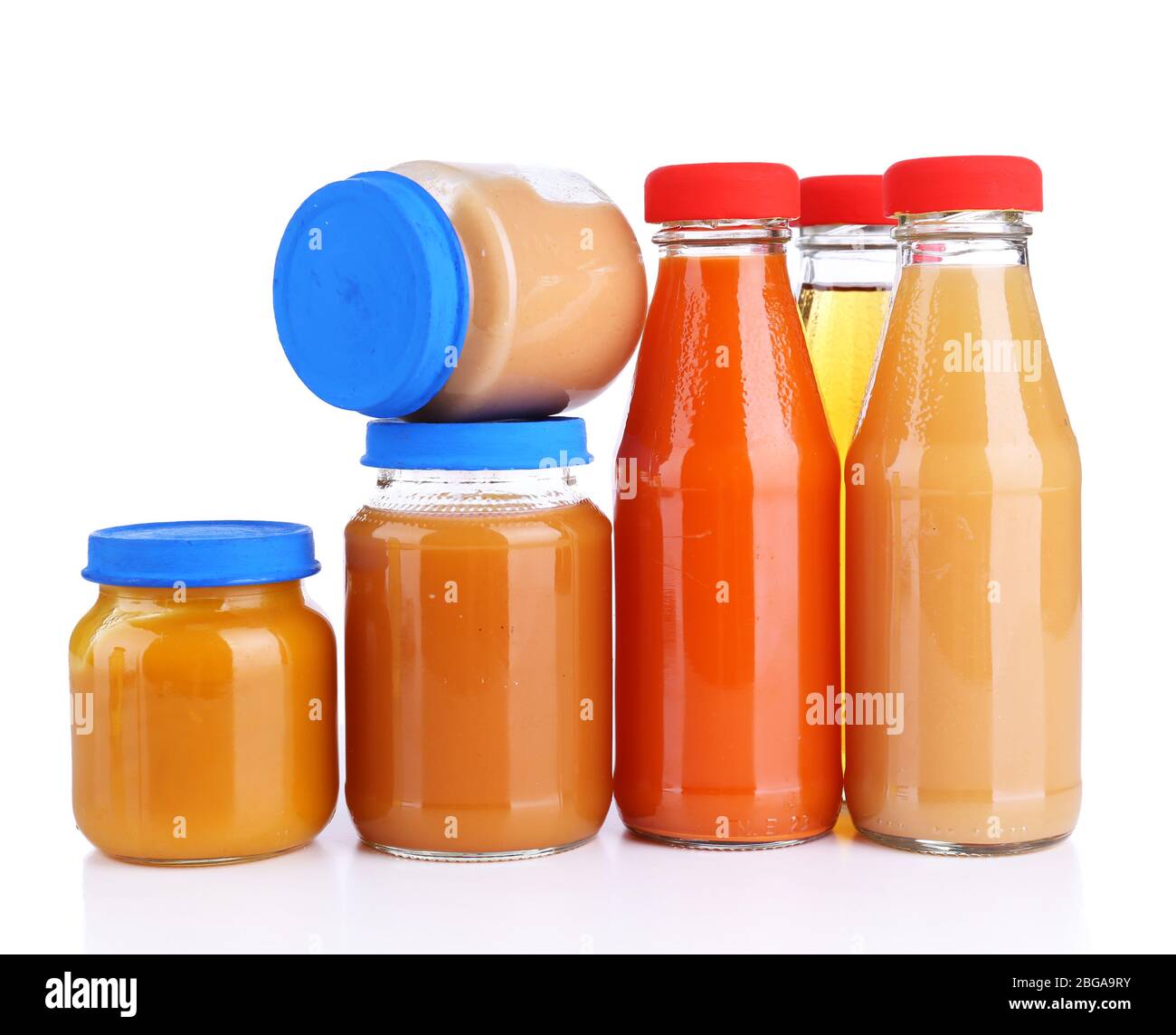 Baby food in glass jars, isolated on white Stock Photo Alamy