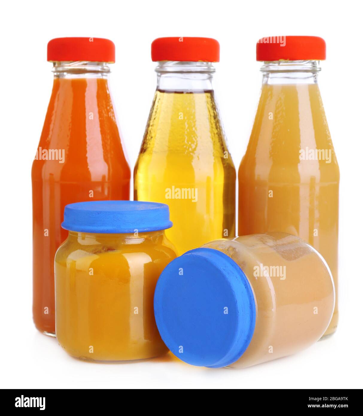 Baby food in glass jars, isolated on white Stock Photo Alamy