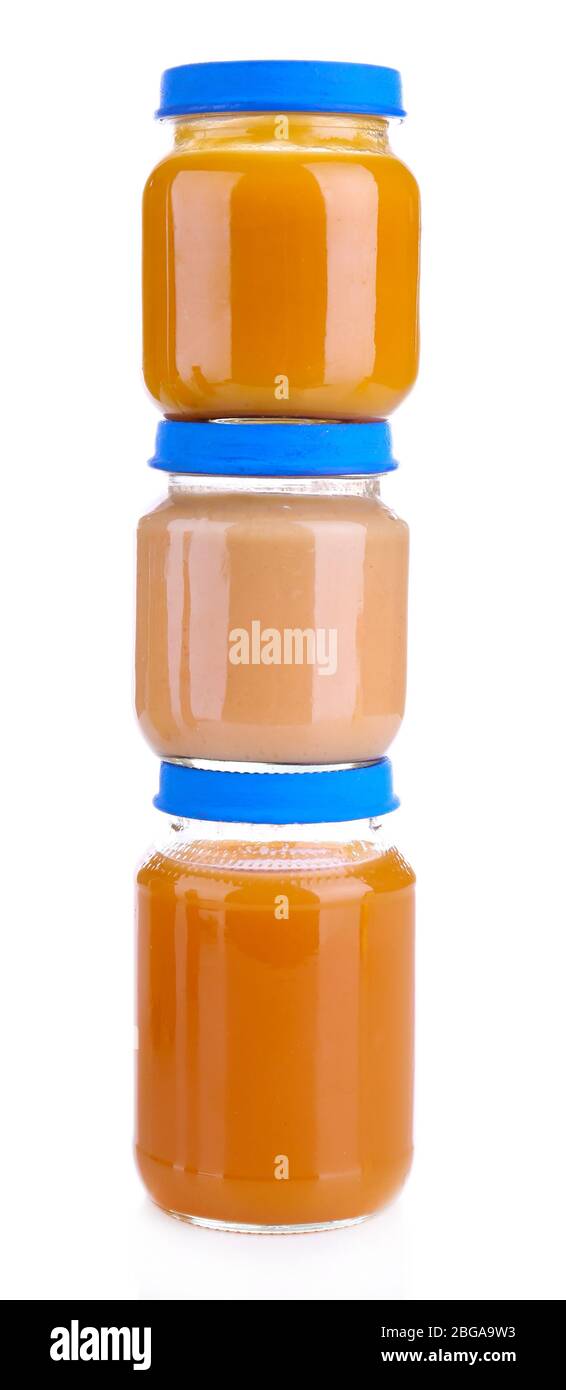 Baby food in glass jars, isolated on white Stock Photo Alamy