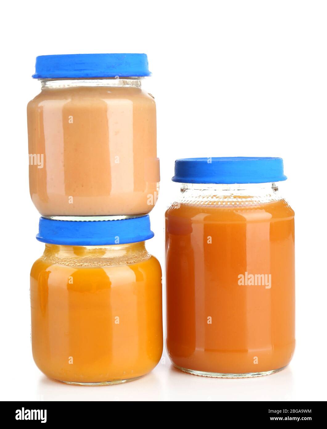 Baby food in glass jars, isolated on white Stock Photo Alamy