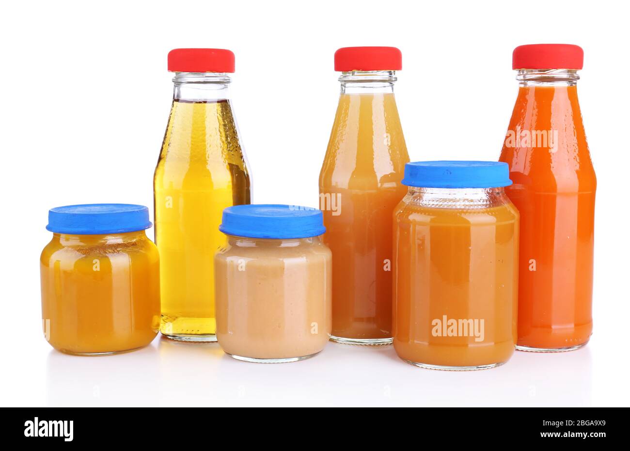 Baby food in glass jars, isolated on white Stock Photo Alamy