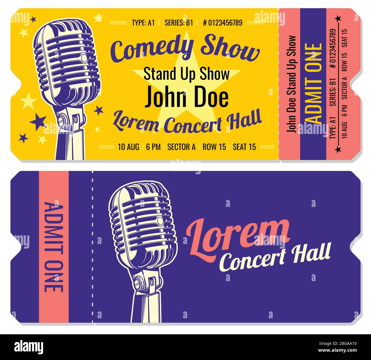 Stand up comedy show entrance vector tickets template. Comedian stand up tickets with microphone illustration Stock Vector