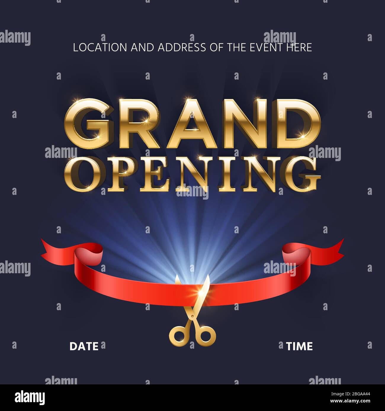Grand opening ceremonial vector background with gold lettering. Ceremony open with red ribbon illustration Stock Vector