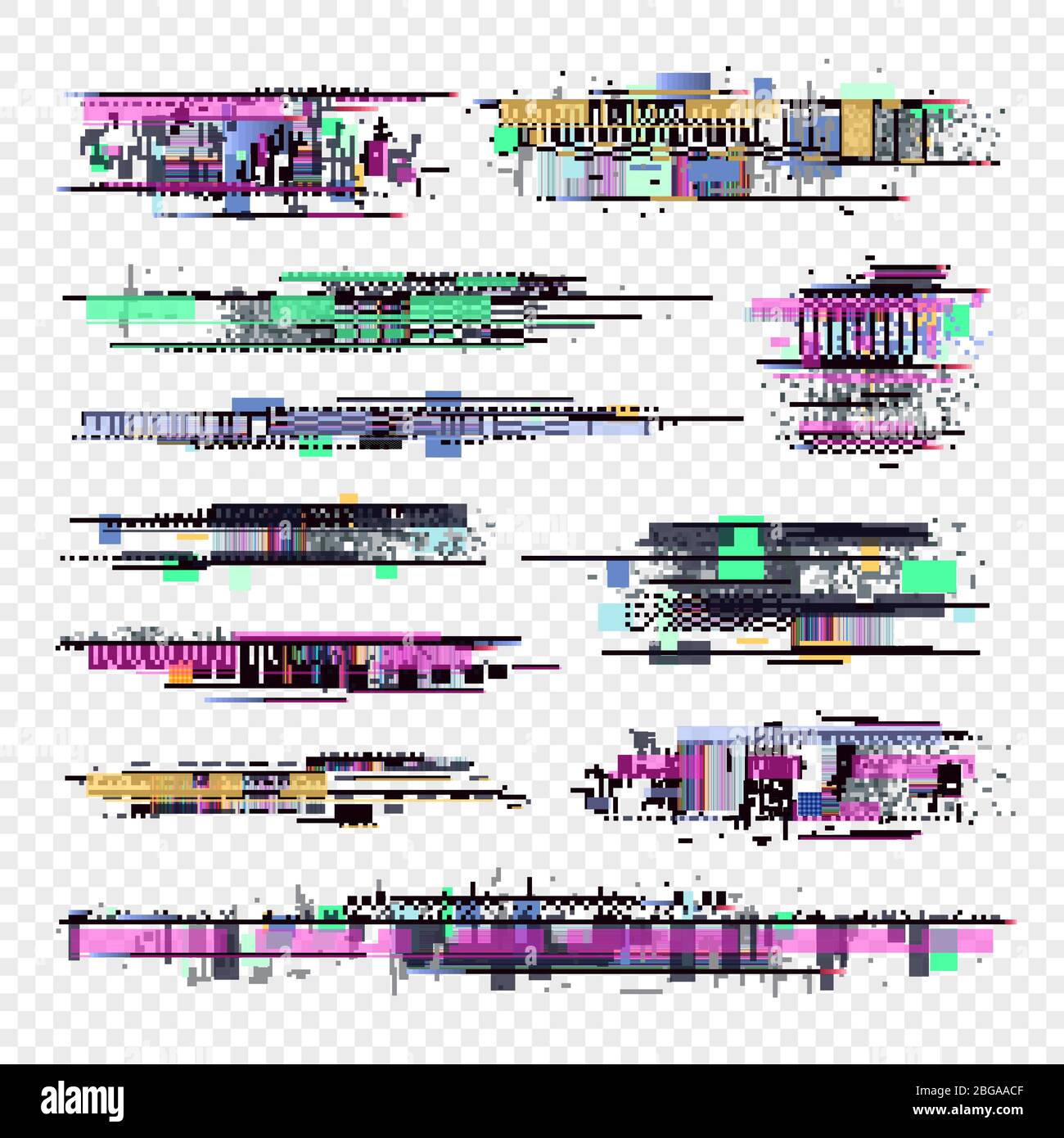 Glitch vector elements. Glitched computer screen digital noise collection. Illustration of glitch defect noise Stock Vector