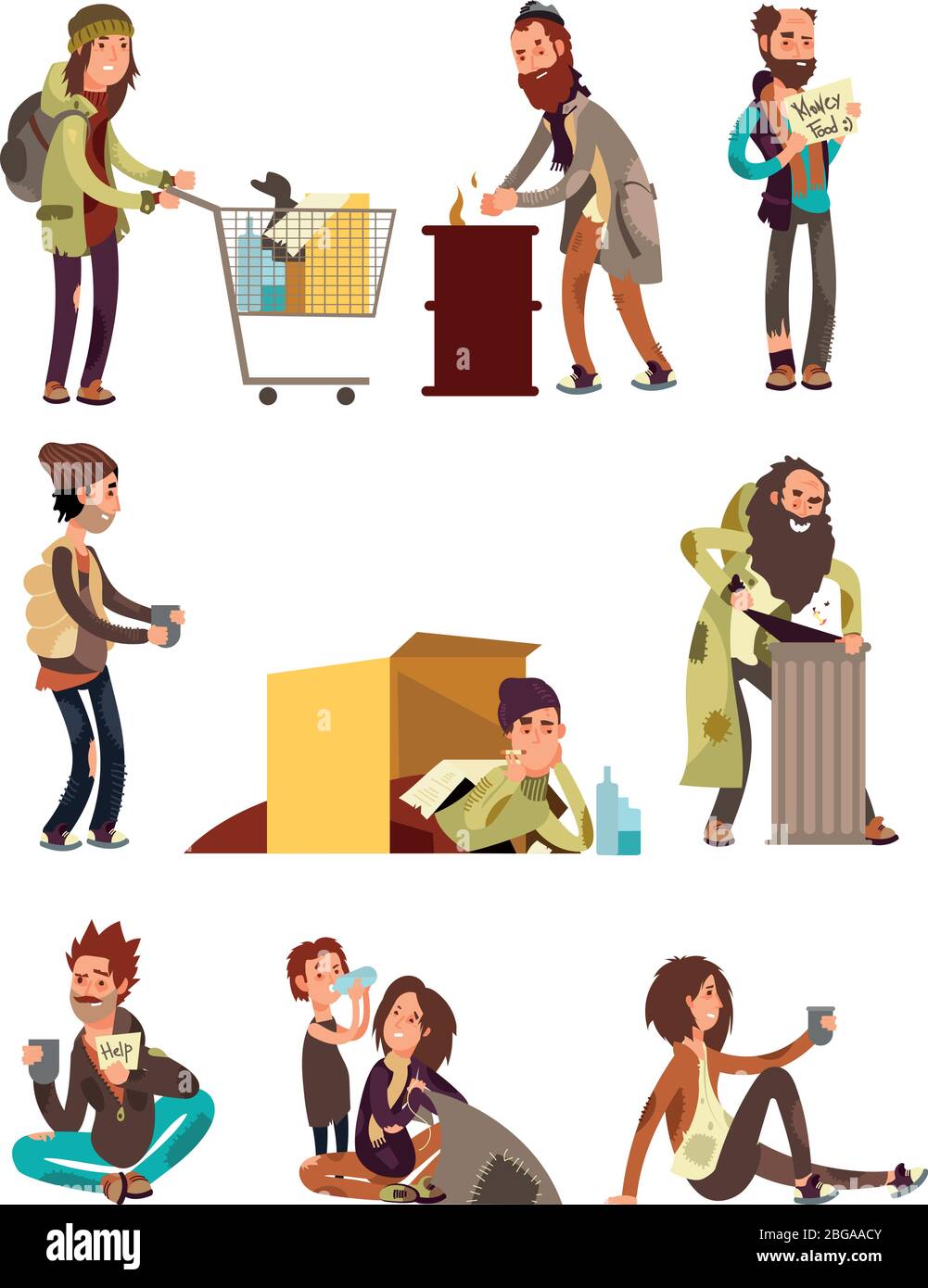 Hungry dirty homeless people. Adult woman and man begging money vector characters set. Homeless and problem with home and work illustration Stock Vector