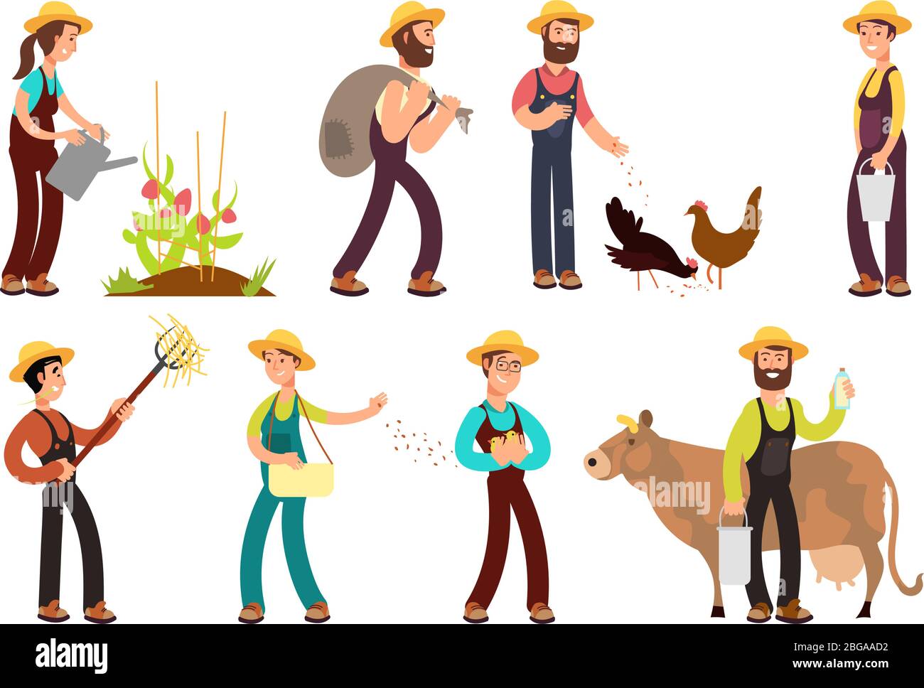 Happy farmers with agricultural tools and planting vector characters set. Illustration of farming and farmer character work Stock Vector