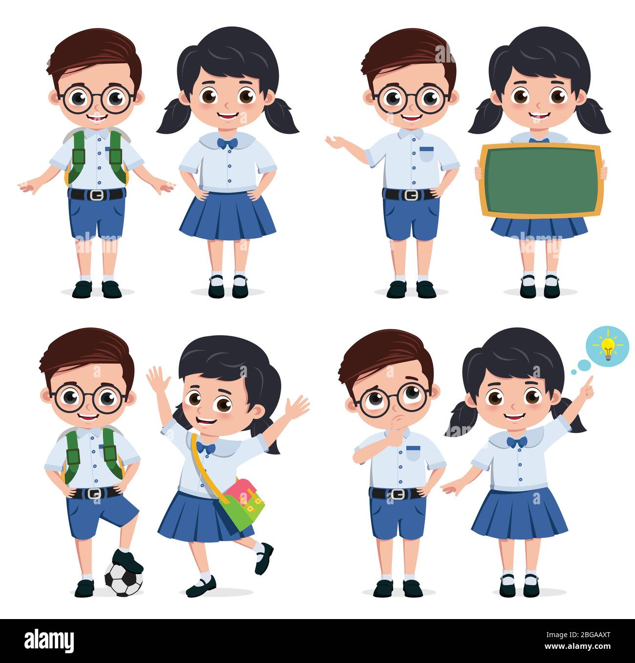 School students vector characters set. Back to school classmates elementary student characters in education activities like presenting and playing. Stock Vector